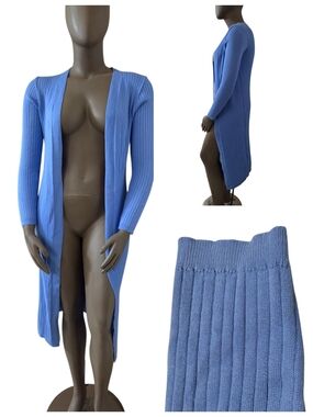 DAISY Rib-Knit Long Sleeve Open Front Maxi Cardigan Size Large Blue New w/Tags